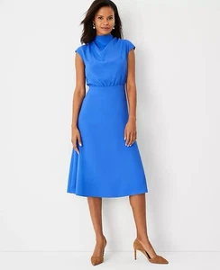 NWT Ann Taylor Mock Neck Midi Flare Dress Blue Cap Sleeve Career Minimalist Sz 4 - Picture 1 of 12
