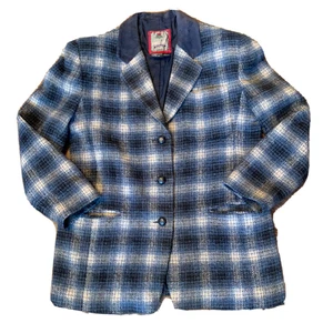 Vtg Ventara Blazer Womens Large L Wool Blend Blue Plaid Leather Trim Sport Coat - Picture 1 of 10