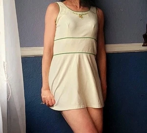 Vintage 70er Tennis Minikleid weiß Poly Gr. Small kurz Mod Reißverschluss defekt süß - Bild 1 von 4