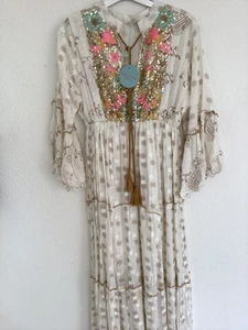 Lovika Paris. Flower Embroidery & Sequin Tiered Maxi Dress. flared 3/4 sleeve. S - Picture 1 of 9