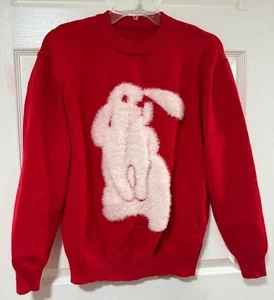 Red Bunny Sweater Womens XL Fuzzy Rabbit Graphic Pullover Crewneck Cute Cozy - Picture 1 of 7
