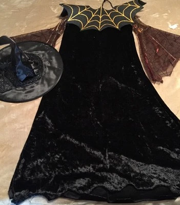 Black WITCH Halloween Costume Dress Disguise Size 10-12 Spiderweb Sleeves Collar - Image 1 of 4