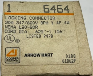 Arrow Hart 6464 Hart-Lock 20A 347/600V 3PH 4P 4W Connector L20-20R - Picture 1 of 7