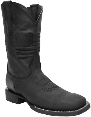 Botas negras de cuero genuino Patriot hechas a mano occidentales punta cuadrada ancha para hombre Foto 1 de 4
