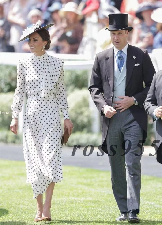 Elegant Princess Kate Midi Dress Polka Dot Print Long Sleeve Retro Party - Image 1 of 4