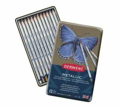 Derwent Metallic Pencil Tin Set of 12 - Shimmering Watersoluble Colours - Image 1 of 2