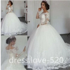 Romantic Wedding Dresses Long Sleeves Off Shoulder Lace Princess Bridal Gowns - Picture 1 of 10