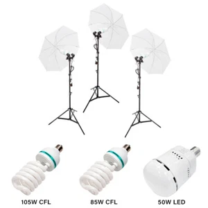 Kit de tres cabezales de luz continua de doble bombilla con paraguas blanco translúcido - Imagen 1 de 5