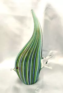 ANGEL FISH ART GLASS BLUE GREEN RAINBOW STRIPES HANDBLOWN 9.5” - Picture 1 of 8