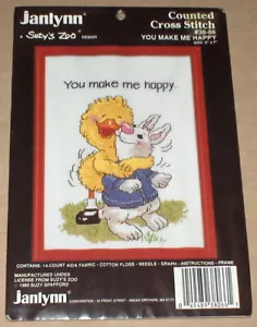 1985 Suzy's Zoo "You Make Me Happy" Cross Stitch Kit w/ Frame 5x7" - Foto 1 di 2