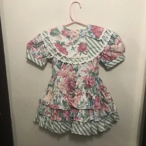 Vintage Floral Lilo Children Party Dress Ruffles Lace Size 3T Stripes Pageant - Picture 1 of 17