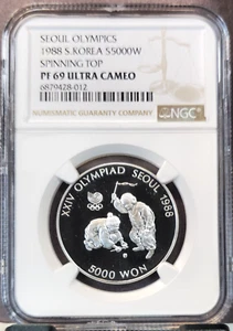 1988 SOUTH KOREA SILVER 5000 WON SPINNING TOP NGC PF 69 ULTRA CAMEO SCARCE - Picture 1 of 3