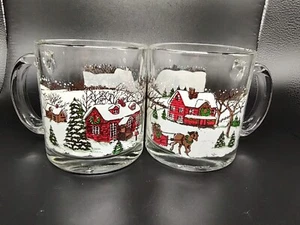 2 Christmas Winter Village Snow Scene Horse & Sleigh Glass 13oz Cups Coffee Mugs - Picture 1 of 9