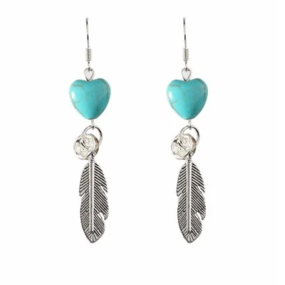 925 Silver Plated Feather Heart Green Stone Ear Studs Earrings Heart Love Gift - Image 1 of 3