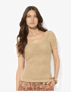 Lauren Ralph Lauren Khaki Cotton Linen Mix Stitch Stripe Sweater Top - Picture 1 of 9