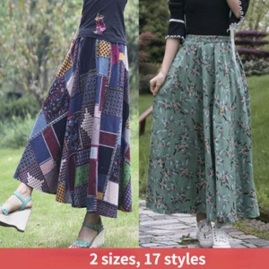Women Cotton Linen Maxi Skirt Boho Beach Dress Floral Pleated Distressed Retro - Picture 1 of 21