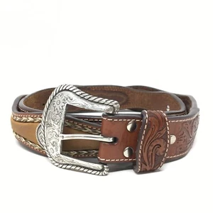 Nocona Western Belt Mens Size 40 Brown Tooled Leather Horse Hair Medallions - Picture 1 of 8