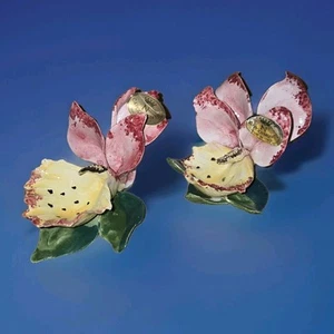 Capodimonte 2 Orchid Pink Yellow Flowers Porcelain Figurine Pair Italy MINT - Picture 1 of 17