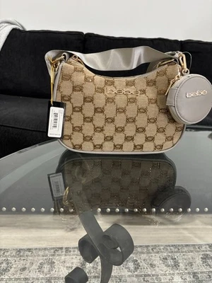 New Bebe Brown Grey Shoulder Bag Crossbody Gold Chain Pouch Sparkly Rhinestones - Image 1 of 4