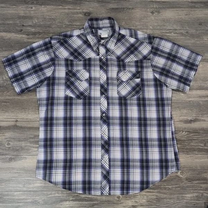 Wrangler Western Shirt Mens XL Blue Plaid Pearl Snap Button Short Sleeve 90's - Picture 1 of 9