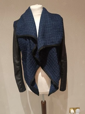 River Island Jacket Size 14 Navy Sparkle Knit Waterfall Faux Leather Sleeves - Image 1 of 4