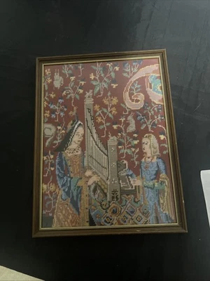 Vintage Medieval Tapestry Needlepoint Embroidery – Framed Wall Art – Lady & - Image 1 of 2