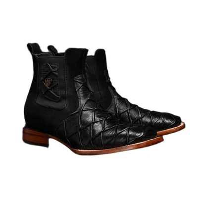 Botín occidental de cuero genuino exótico con estampado de pirarucu de pez monstruo punta cuadrada Foto 1 de 4