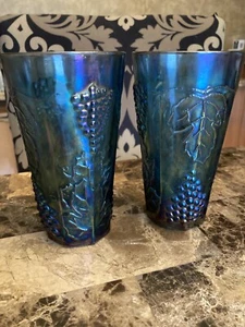 2 Vintage Indiana Blue Carnival Glass Tumblers Harvest Grape Iridescent grapes - Picture 1 of 2