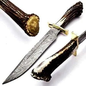 Custom Handmade Damascus Steel Stunning Bowie Knife with full Stag Crown Handle - Picture 1 of 6