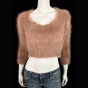 100% Angora Fuzzy Vintage Brown Scoop-Neck Cropped Pullover Sweater 30 in bust - Picture 1 of 10
