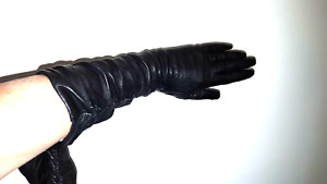 NEW LONG BLACK LEATHER RUSHED GLOVES PRESTON & YORK  ITALY SIZE  6.5