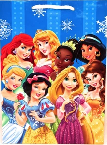 Disney Christmas Princess Gift Bag,Glossy Blue,Snowflakes,Rope Handle,7"x3.5x10" - Picture 1 of 2