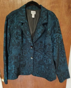 Chico's size 3 (XL/16) blue black floral embroidered two button blazer jacket - Picture 1 of 6