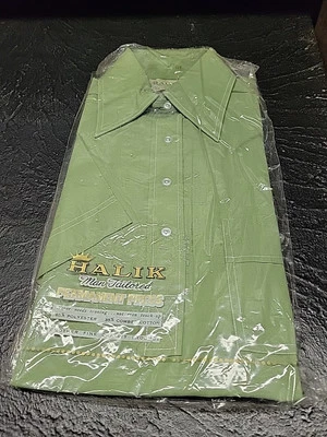 Camisa De Colección Deadstock HALIK Cuello Grande Verde Menta Manga Corta Cuello Talla Pequeña Foto 1 de 4