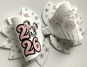MIRROR BALL NEW YEAR STATEMENT PRINTED CANVAS FABRIC BOW TEMP MAKE HAIR BOWS - Picture 1 of 4