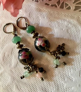 Cloisonné-Ohrhänger im asiatischen Stil mit Aventurin-Natursteinen. Boho Hippie - Bild 1 von 9