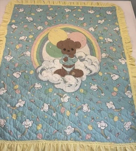 Sam B Precious Moments Handmade Baby Crib Quilt Blanket Unisex Bear Hearts AS is - Picture 1 of 11