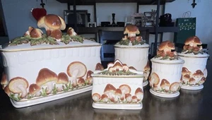 Vintage Retro "3D" Mushrooms Lid Ceramic Canister Jar set of 5 - Picture 1 of 15