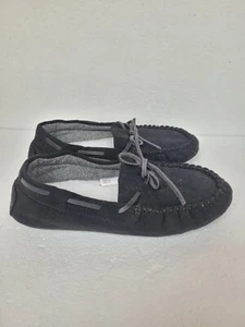 Cat & Jack Black Faux Suede Moccasin House Slippers Kid's size 2 Fur Lining - Picture 1 of 7