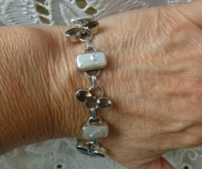 Brazalete de perlas rectangulares de cuarzo ahumado ovalado de plata de ley de 7,75" a 8,5" palanca Foto 1 de 4