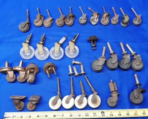 Lot of 31 Mixed Antique Caster Wheels Ceramic Vintage Steel Repurpose Rollers Cover