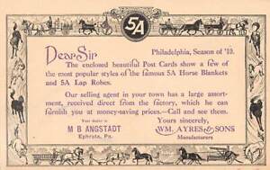 EPHRATA, LANCASTER CNTY, PA 1910 ADV ITEM FOR HORSE BLANKET PC's ANGSTADT AGENT