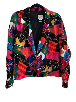 Blazer Vintage Años 90 Jacqueline Ferrar 100% Seda Multicolor Estampado Abstracto Talla 10 Foto 1 de 4