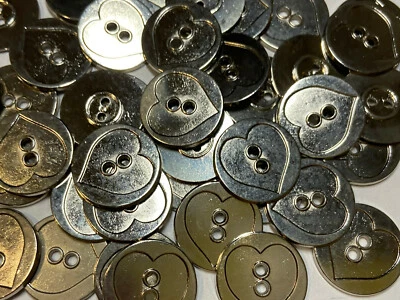 Italian Metal "HEART" Button Shiny Silver Finish 23mm 7/8" 2hole - Image 1 of 3