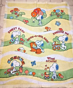 Vintage Chatham Snoopy Woodstock Peanuts Babydecke Satinborte Junge Mädchen - Bild 1 von 8