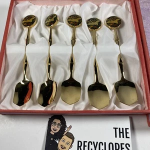 5 Korean Folk Metal Arts Decorative Gold Plated Spoons in Box - Cloisonné cranes - Picture 1 of 10