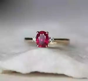 1.5Ct Oval Ruby Lab Created Diamond Three-Stone 14K Gold Finish Engagement Ring - Picture 1 of 8