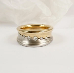 Ancho Anillo 585 Amarillo Oro Blanco 14 Quilates Diamante Brillante 0,25 Qt. . - Imagen 1 de 3