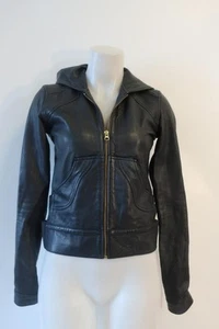 Womens Mike & Chris Black Zip Hooded Waist Cut-Out 100% Leather Moto Jacket XS - Picture 1 of 9
