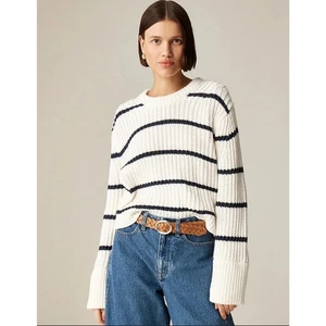 NEW J Crew Heritage Thick Cotton Fisherman Crewneck Sweater Women Stripe M L NWT - Picture 1 of 6